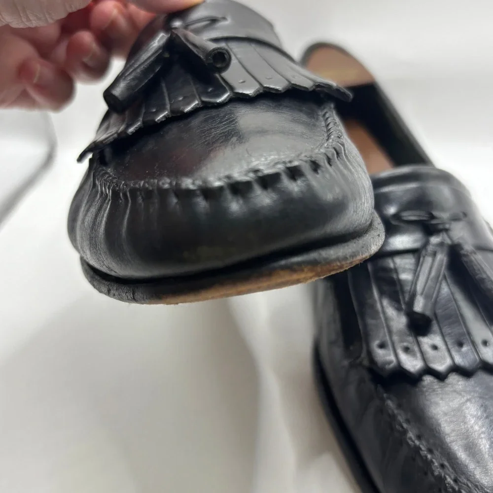 Vintage Kiltie Tassel Loafers Oleg Cassini 10.5M Black Leather Fremont Brazil